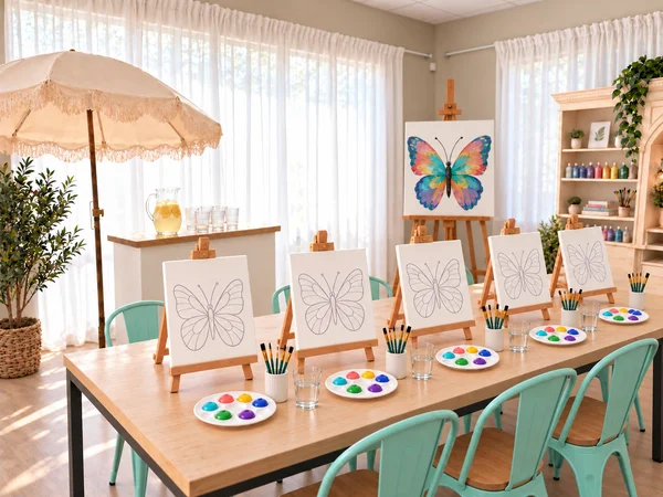 Painting stations set with canvases on easels, palettes, brushes and a finished butterfly example