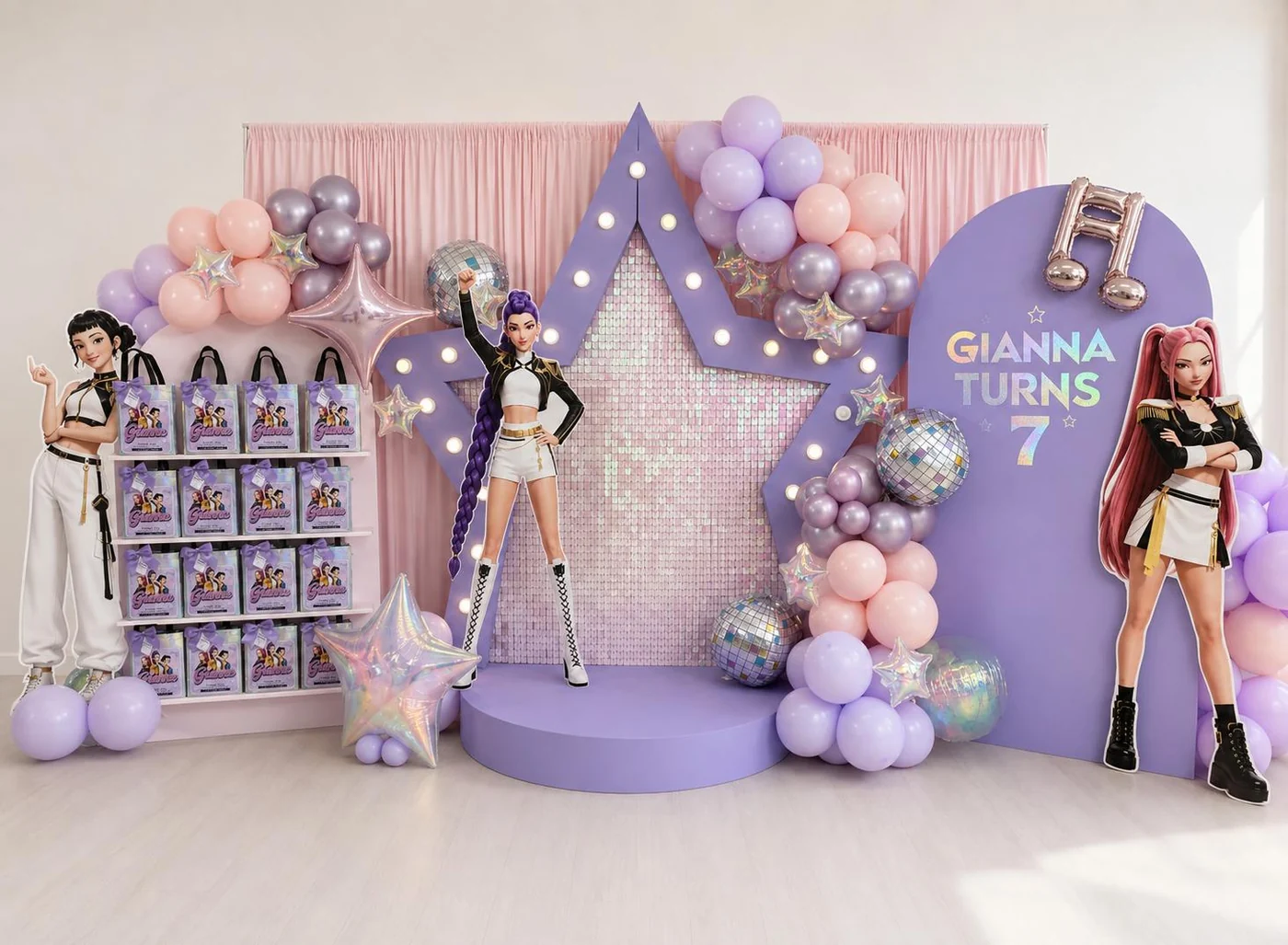 Pink and lilac Barbie-themed birthday party setup