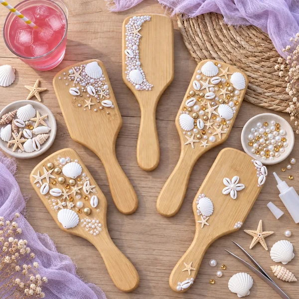 Hairbrushes decorated with shells, pearls and charms on a studio table