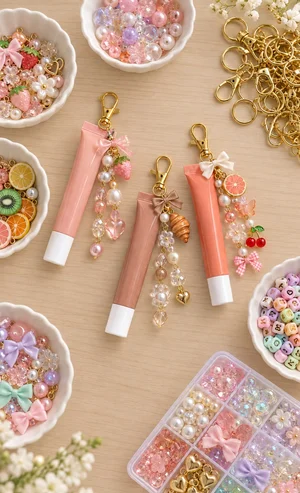 Lip gloss keychains decorated with pearls, beads and charms displayed beside bowls of decorating supplies