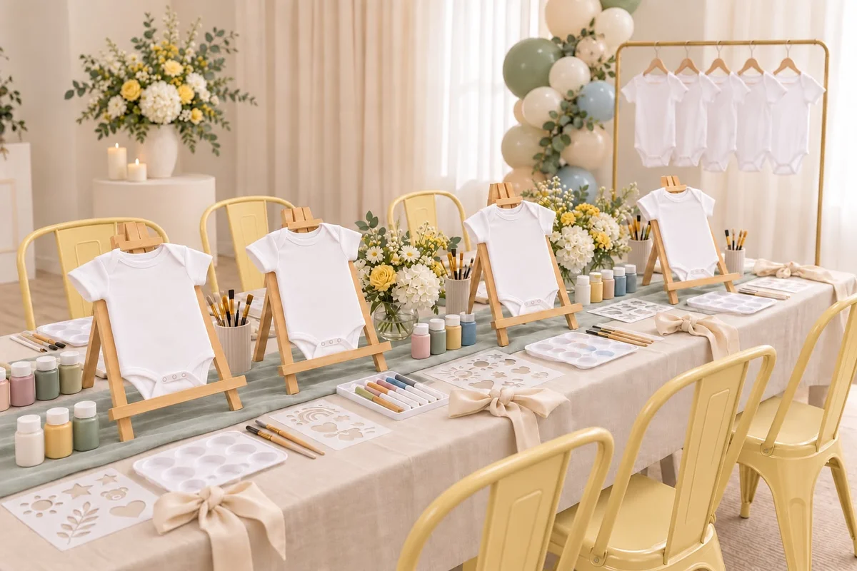 Baby onesies displayed on easels with paints, markers, and stencils at a decorating station