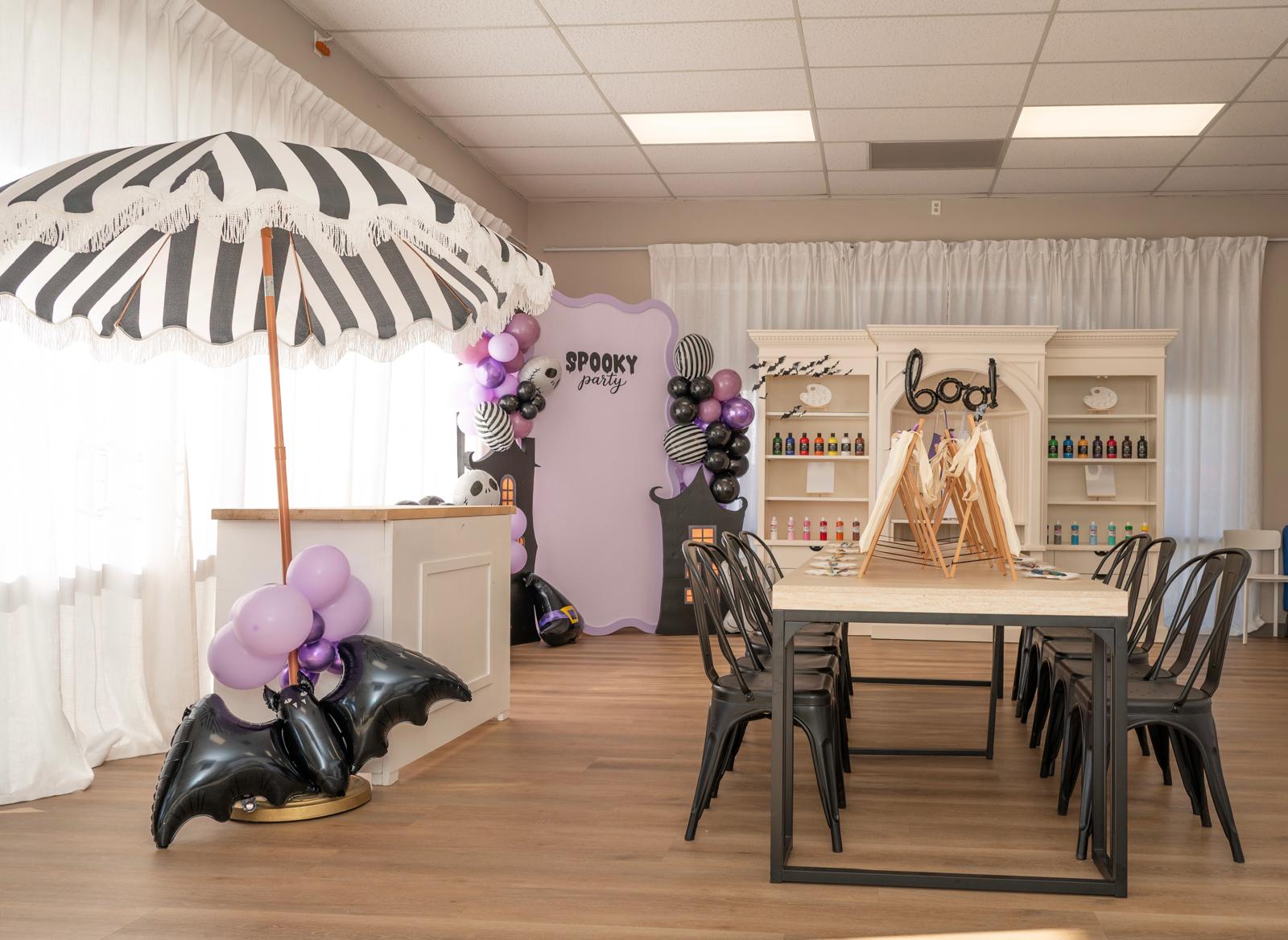 Private party room decorated for a themed celebration