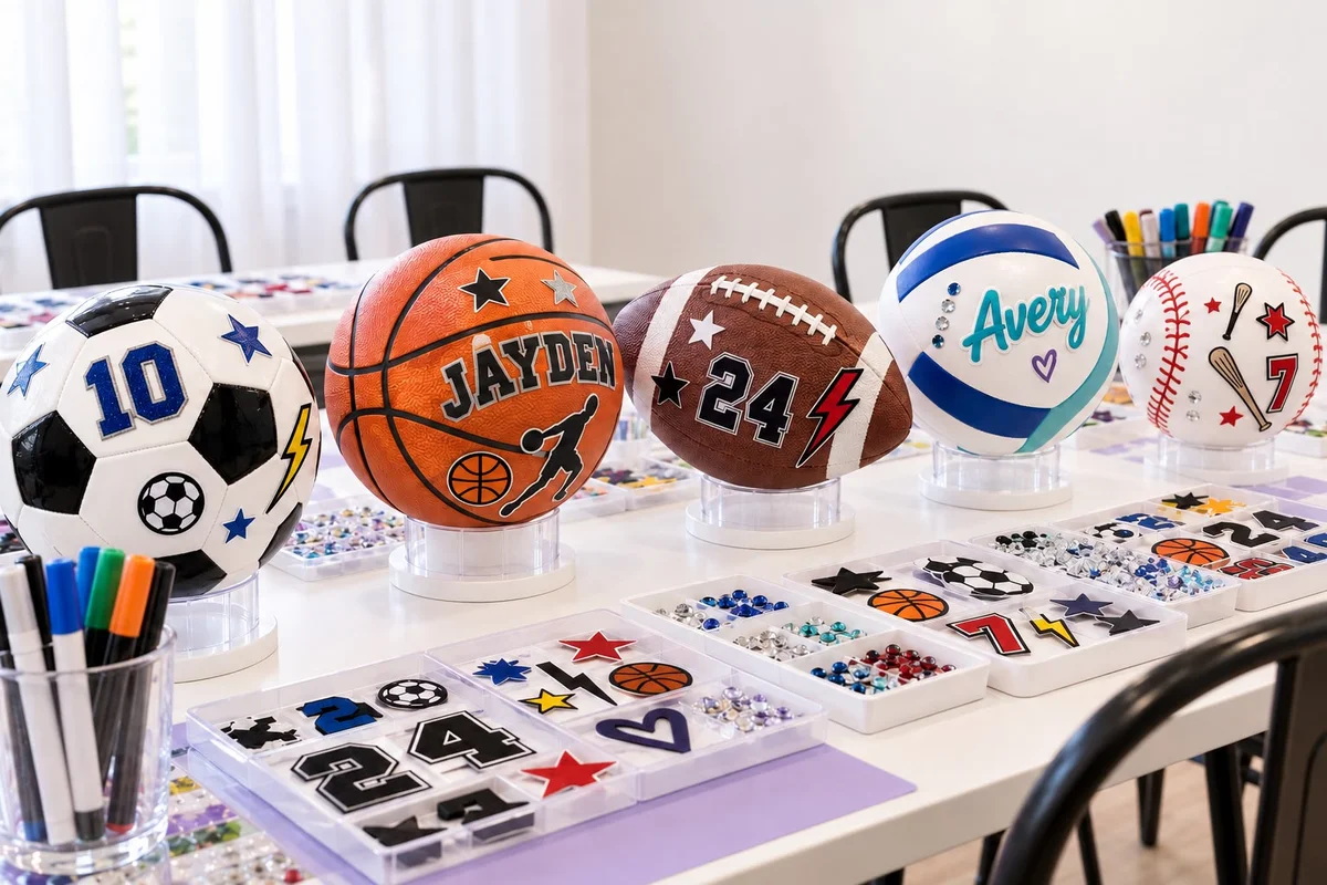 Sports balls personalized with names, numbers, stickers and gems displayed on stands beside decorating supplies